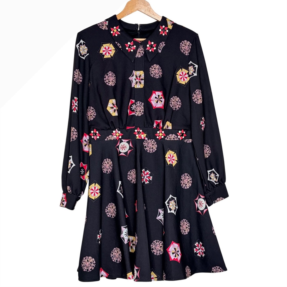 Cynthia Rowley 12 Black Geometric Print Button Collar Dress Long Sleeve A-Line